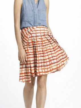 Maeve Anthropologie Pleated Cotton Grid Print Midi Skirt Red Blue White Size 6